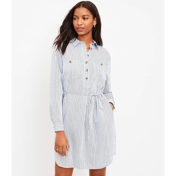 LOFT Dresses & Skirts - LOFT XS Striped Pocket Shirtdress Blue White Striped Mini Dress *No belt*